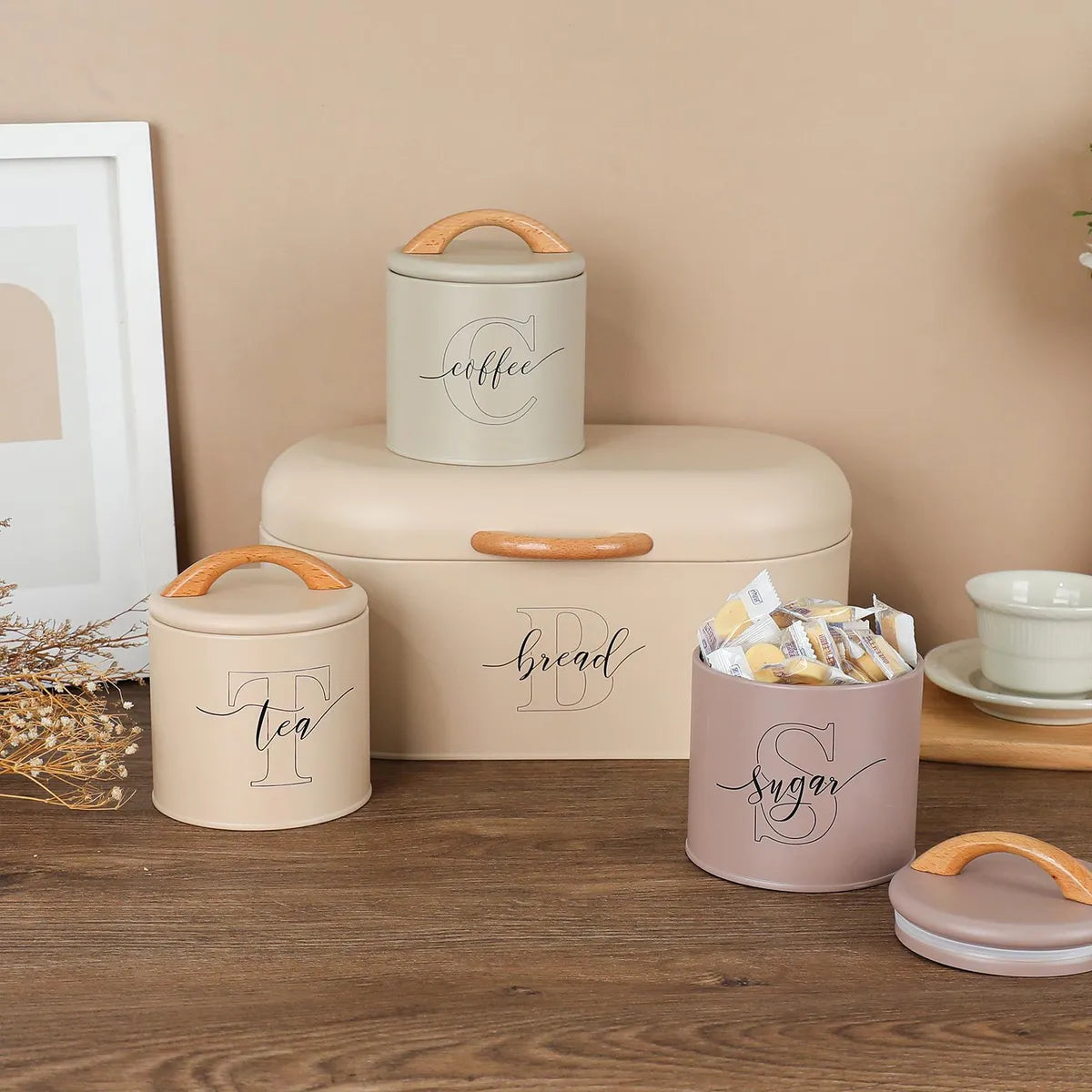 Bread Box With Sugar Coffee Tea Canisters Metal Pantry Countertop 4-Pieces Set