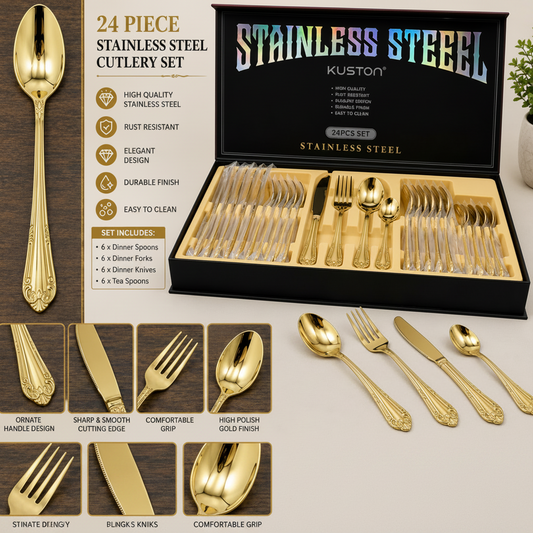 24 Piece Stainless Steel Golden Cutlery Set