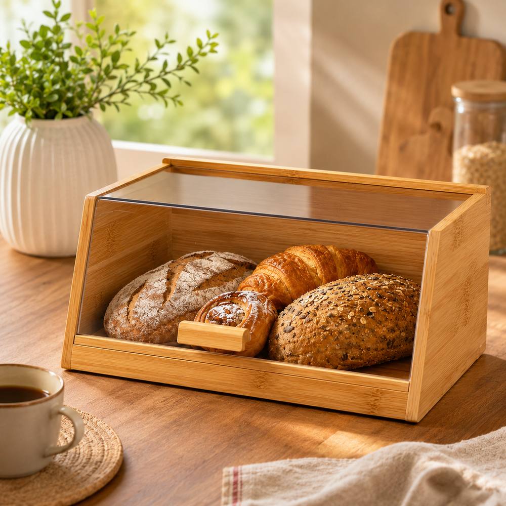 Wooden Countertop Bread Organizer Acrylic Lid