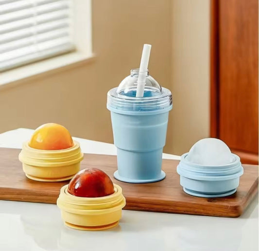 2 In 1 Collapsible Silicone Ice Ball Cup, Reusable Portable Ice Sphere Mold with Straw Lid