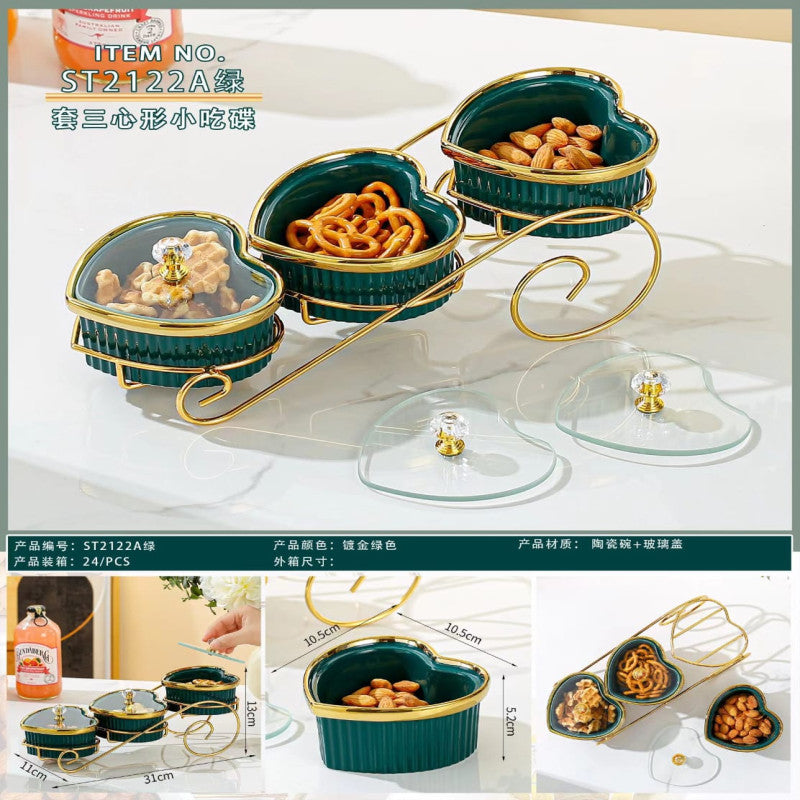 Premium Luxury 3 Ceramic Hert Shaped Serving Tray With Lids