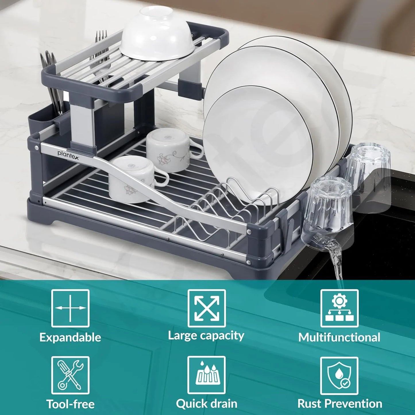 Aluminum 2-Tier Dish Drying Rack With a Drainboard