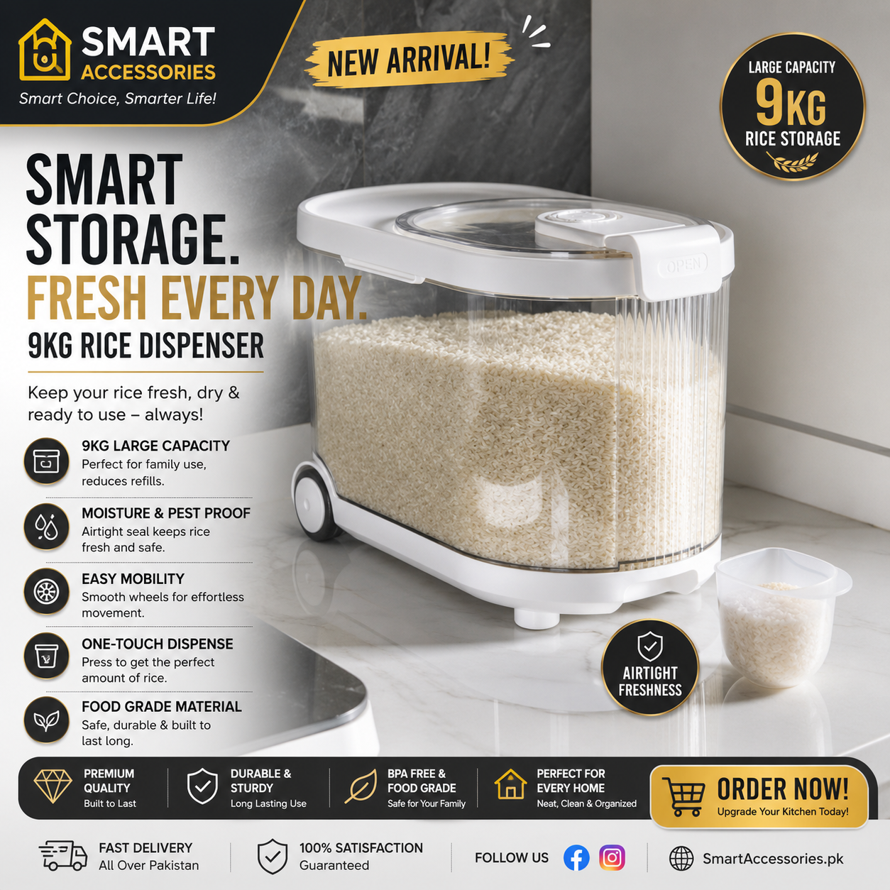Sealed Rice Storage Container with Wheels and Measuring Cup (9KG)