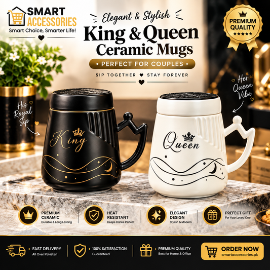 King & Queen Coffee Mugs Set With Lid (2-Pieces)
