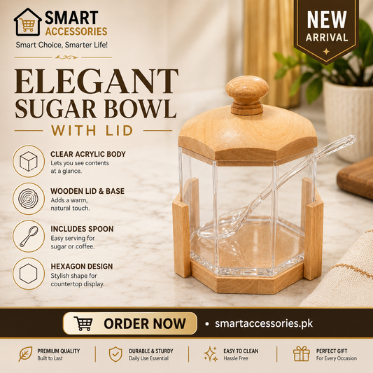 Acrylic Hexagon Jar with Wooden Base Sugar Pot With Lid & Spoon