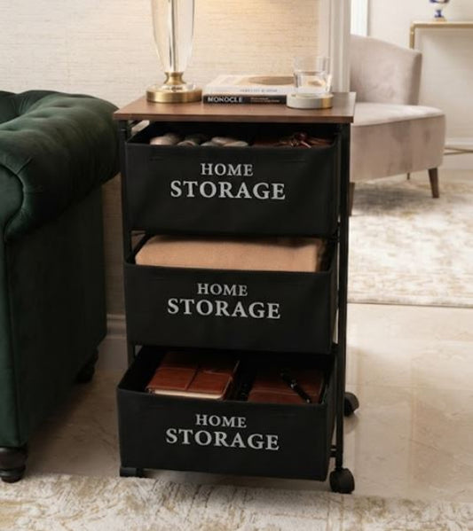 Household Multifunctional 3-Tier Storage Organizer Rack with Wooden Top & Fabric Bins - Rolling Utility Cart