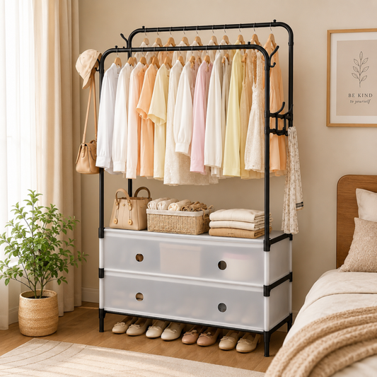 Double Pole Clothes Stand With Drawer