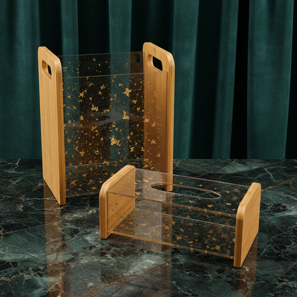 Bamboo & Gold Flake Acrylic Tissue Box With Trash Bin Set