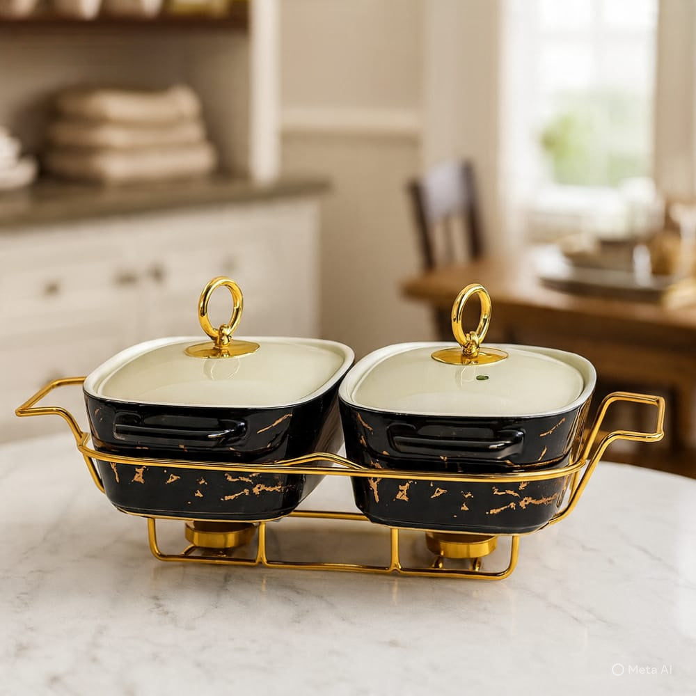 Twin Ceramic Chafing Dish Buffett Set With Gold-tone Frame And Marble finish