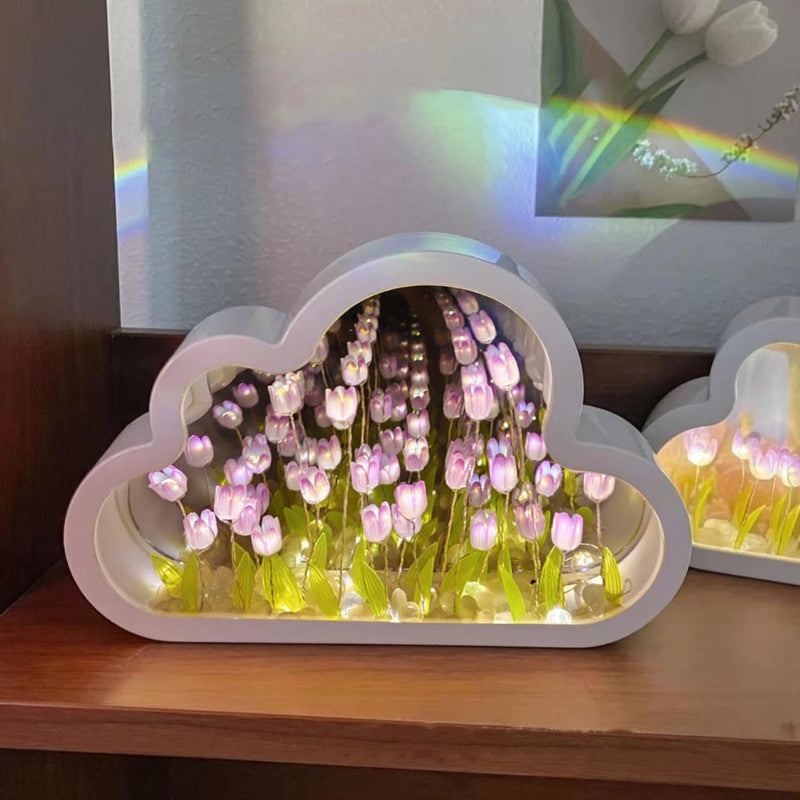 Cloud-Shaped Tulip Mirror, 20 Flowers Night Light Table Lamp