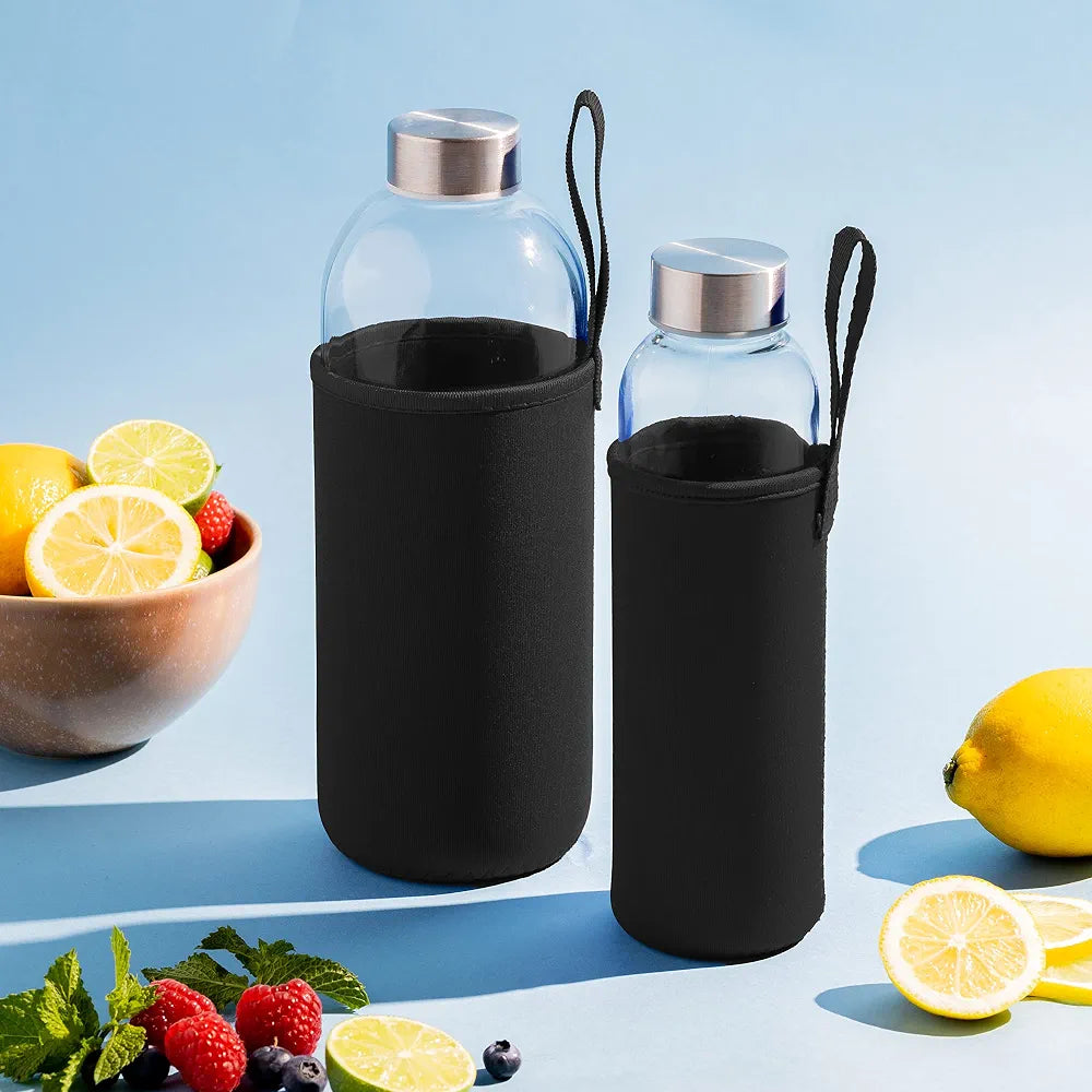 Borosilicate Glass Water Bottle With Stainless Steel Lid & Protective Sleeves