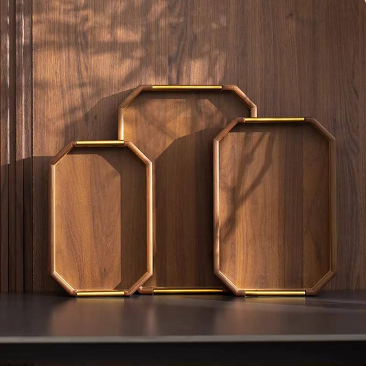 3-Piece Premium Wooden Serving Wooden Tray Set With Gold Handles