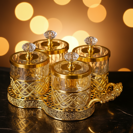 Crystal Luxury 4 Piece's Spice Jars Set With Decorative Serving Tray