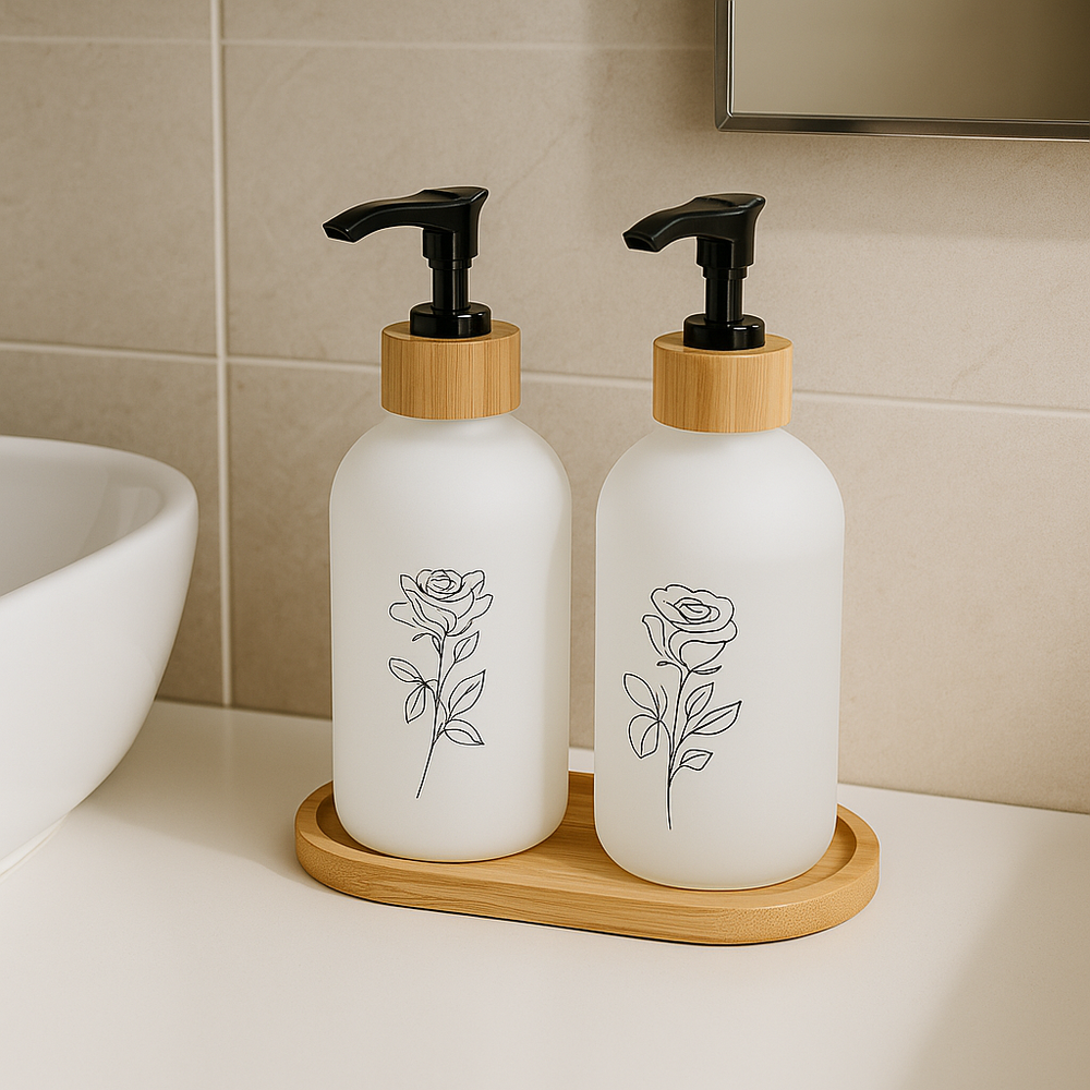 Frosted Glass Soap Dispenser Set Accompanied by Bamboo Tray