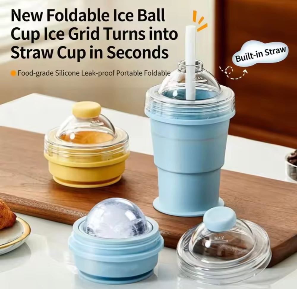 2 In 1 Collapsible Silicone Ice Ball Cup, Reusable Portable Ice Sphere Mold with Straw Lid