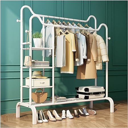 Metal Double Pole Freestanding Clothing Rack With Side and Lower Storage Shelves