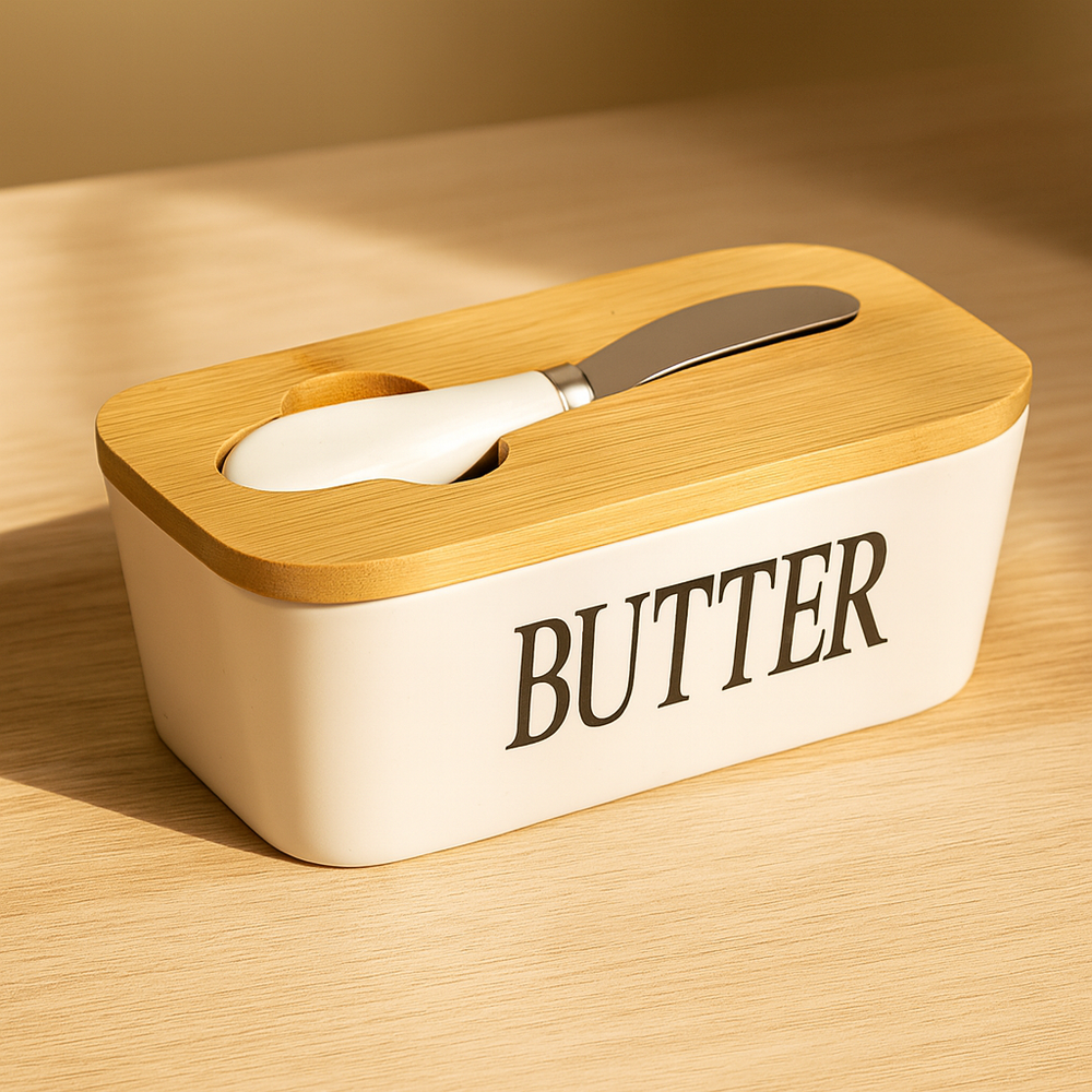 Ceramic Butter Dish With Bamboo Lid & Knife