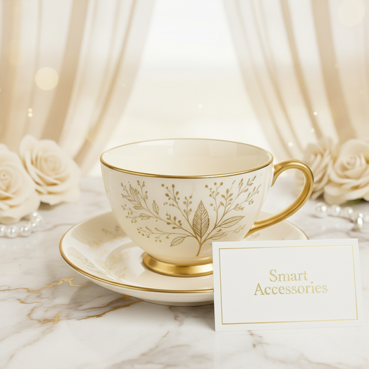 Porcelain Cup & Saucer Set – Gold Floral 6 Piece Set