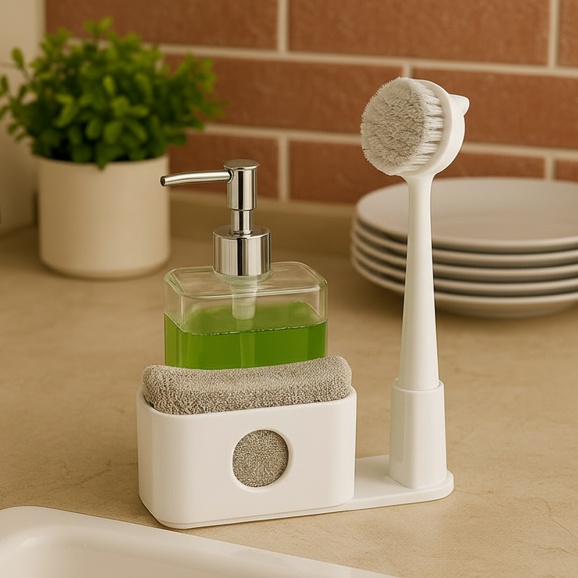 3-in-1 Kitchen Sink Organizer Set With Liquid Soap Dispenser, Sponge Holder, and Brush Holder