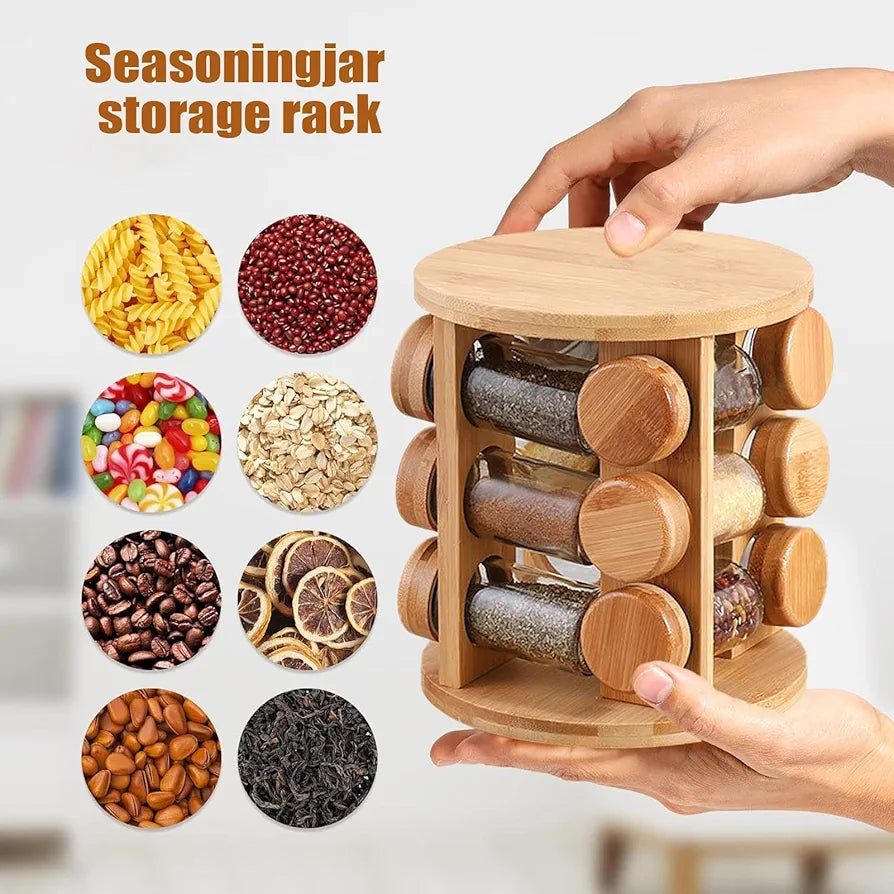 8Pcs Rotating Wooden Spice Organizer Rack
