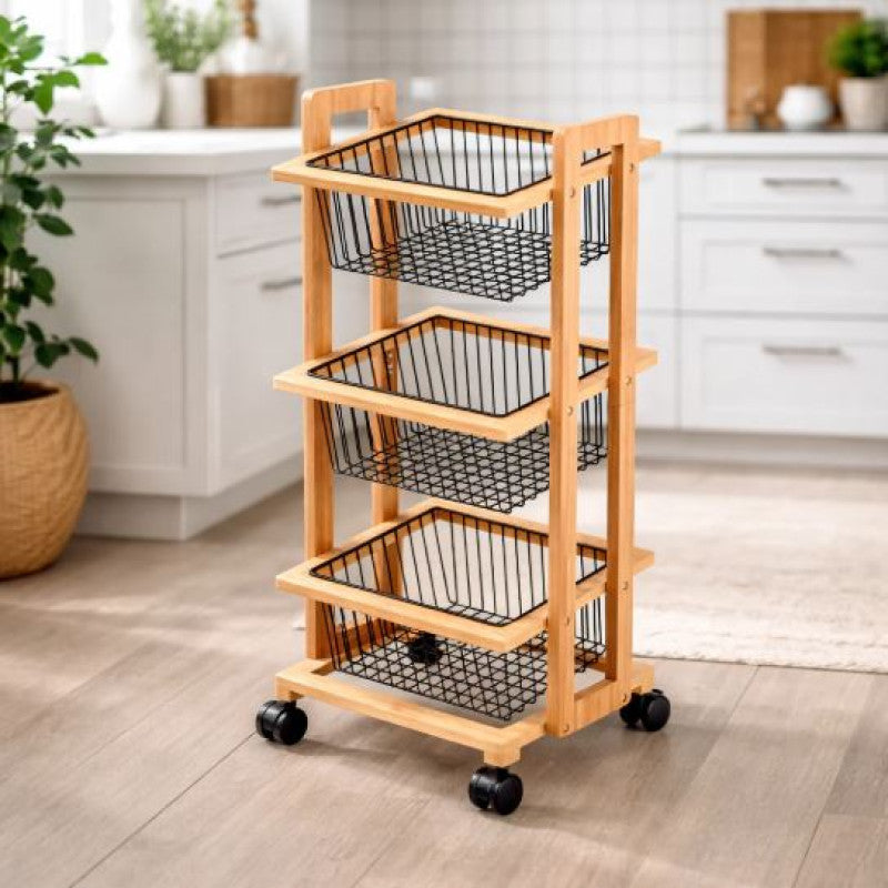 3-Tier Movable Wooden Storage Cart, Multi-Function Organizer Trolley