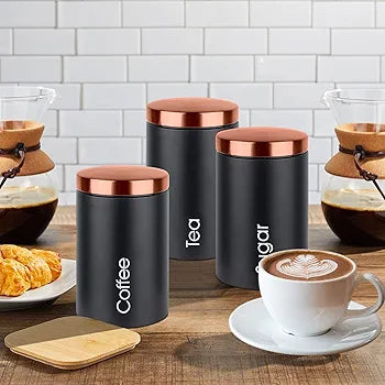3-Piece Kovot Matte Black Metal Kitchen Storage Canisters With Copper-Colored Lids