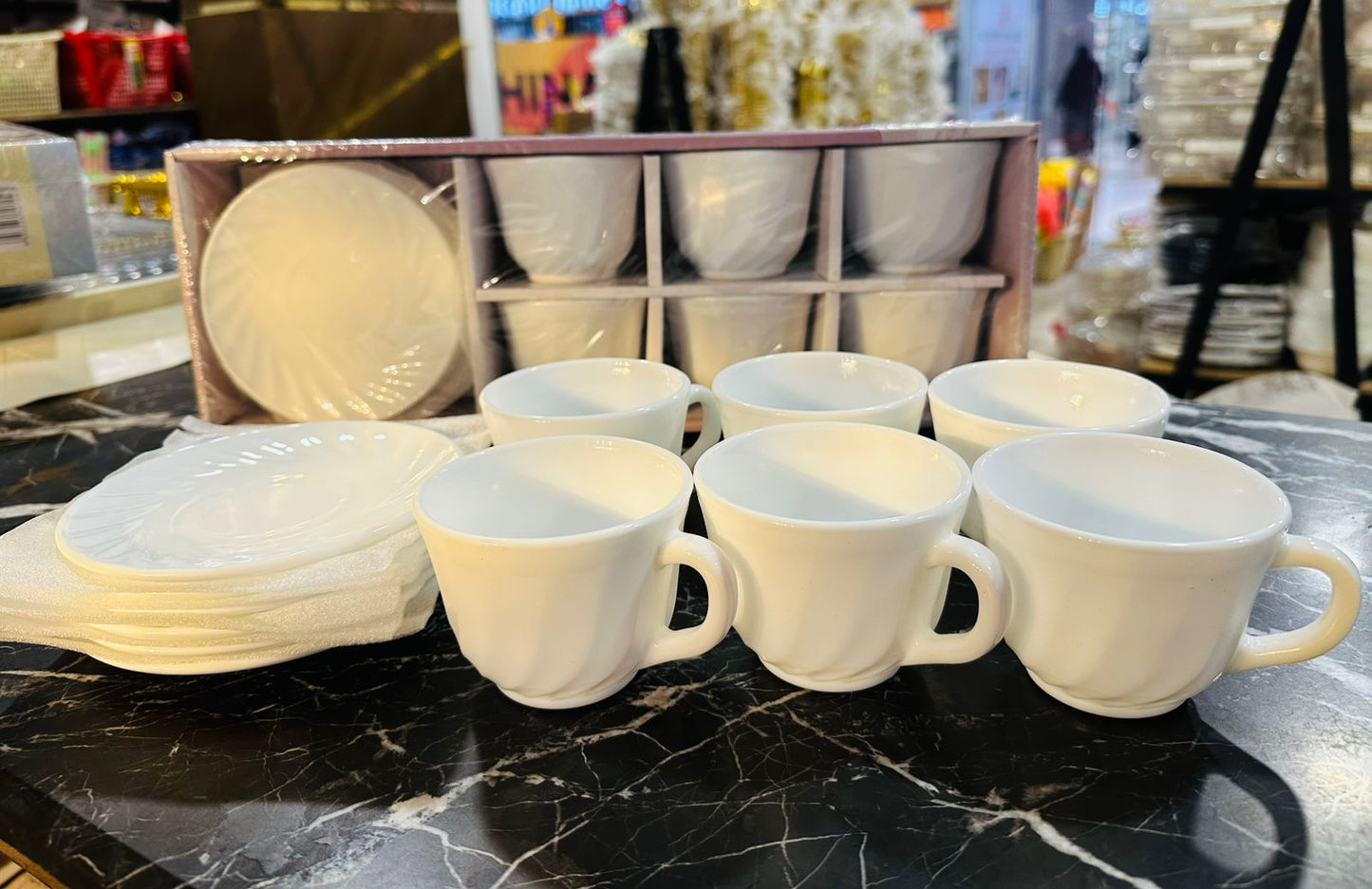 Luxury Opal Glass Marble Imported Saucer And Cup Set (6Pcs)