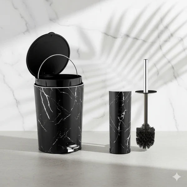 Limon Marble Print Luxury Dustbin Brush Set