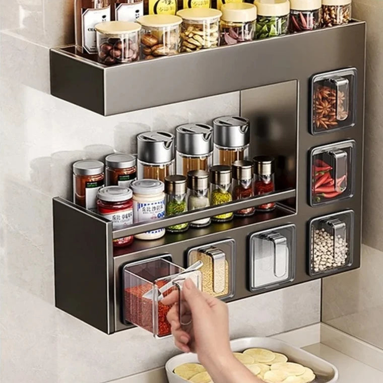 Luxurious Wall Mounted Metal Spice Rack With 6 Seasoning Box