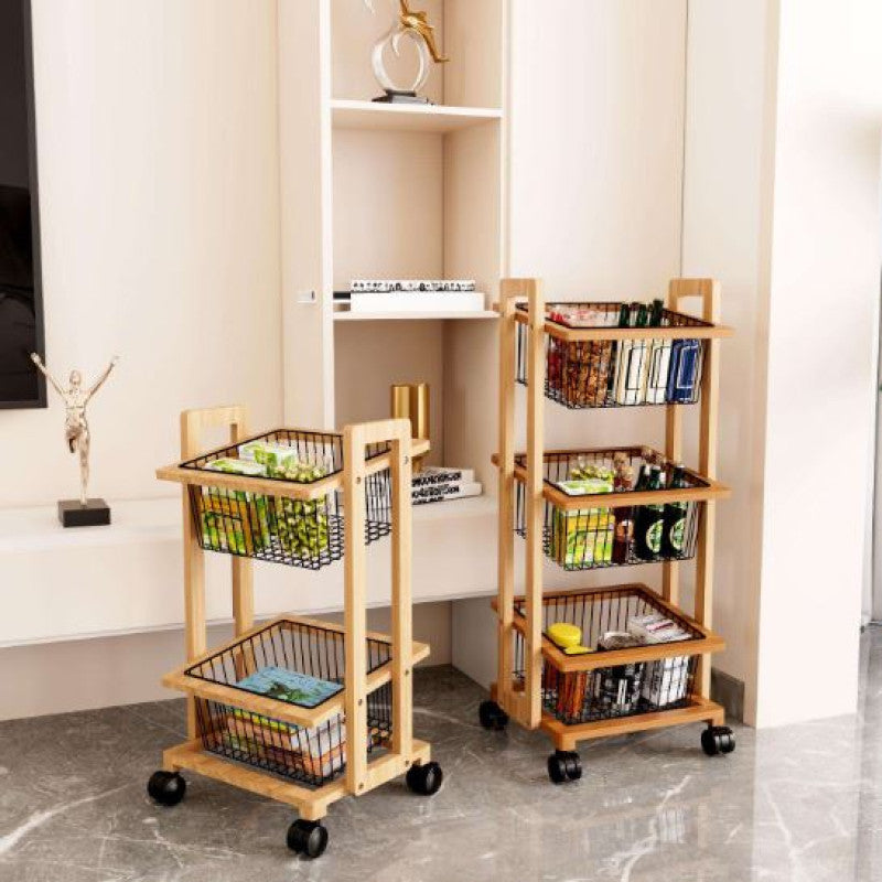 3-Tier Movable Wooden Storage Cart, Multi-Function Organizer Trolley