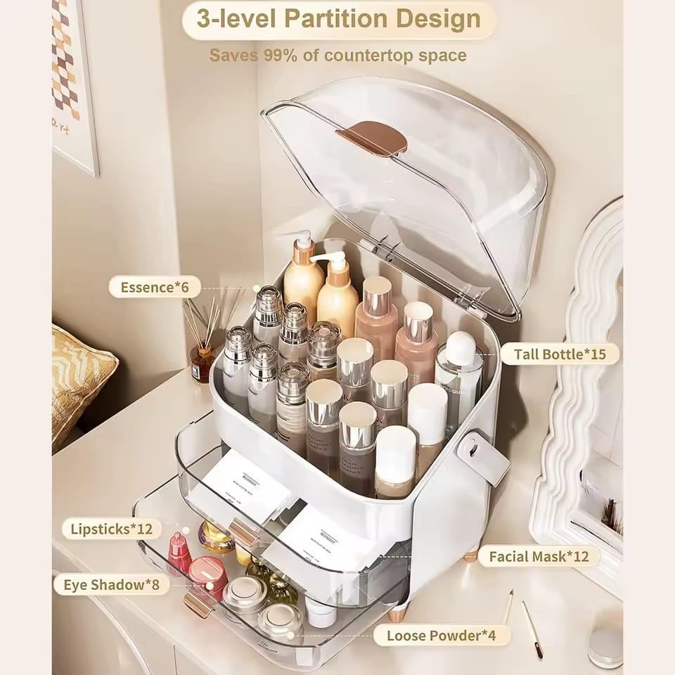 Premium Layered waterproof Cosmetics Organizer Box With  Dustproof Dome And Drawers
