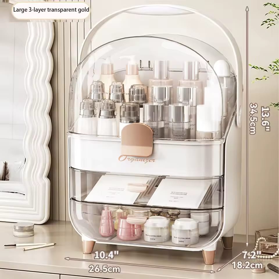Premium Layered waterproof Cosmetics Organizer Box With  Dustproof Dome And Drawers