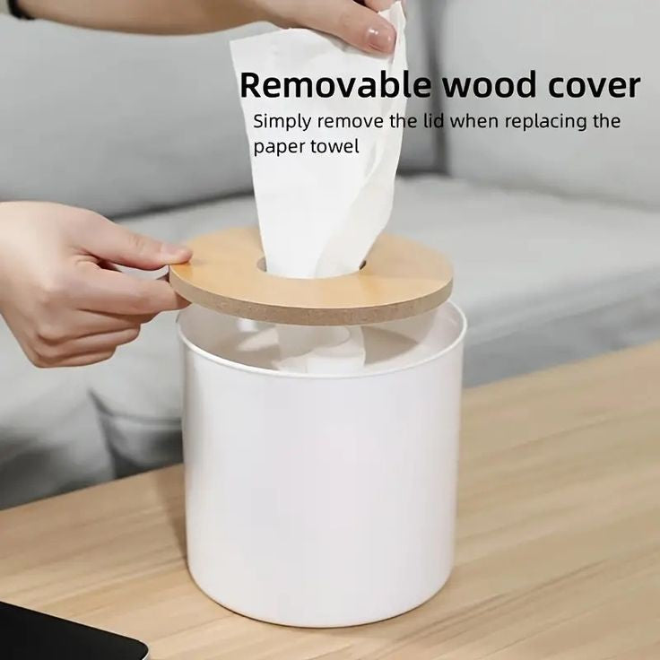 Premium Round Tissue And Napkins Holder With Wooden Lid