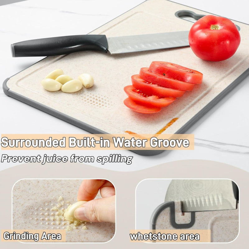 Double Sided Cutting Board for Kitchen, 304 Stainless Steel and Wheat Straw Chopping Board