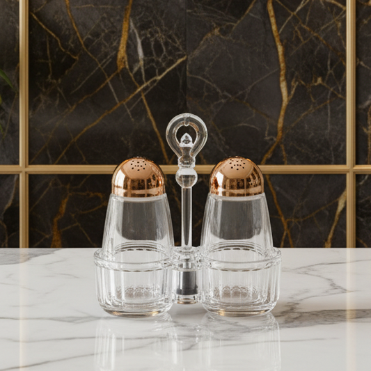 Elegant 2-Pieces Glass Salt & Pepper Shaker Set With Rose Gold Lids
