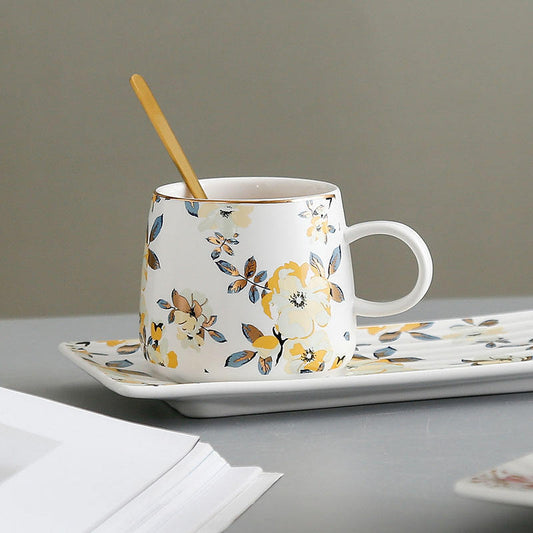 Floral Ceramic Coffee Mug With Tray & Gold Spoon