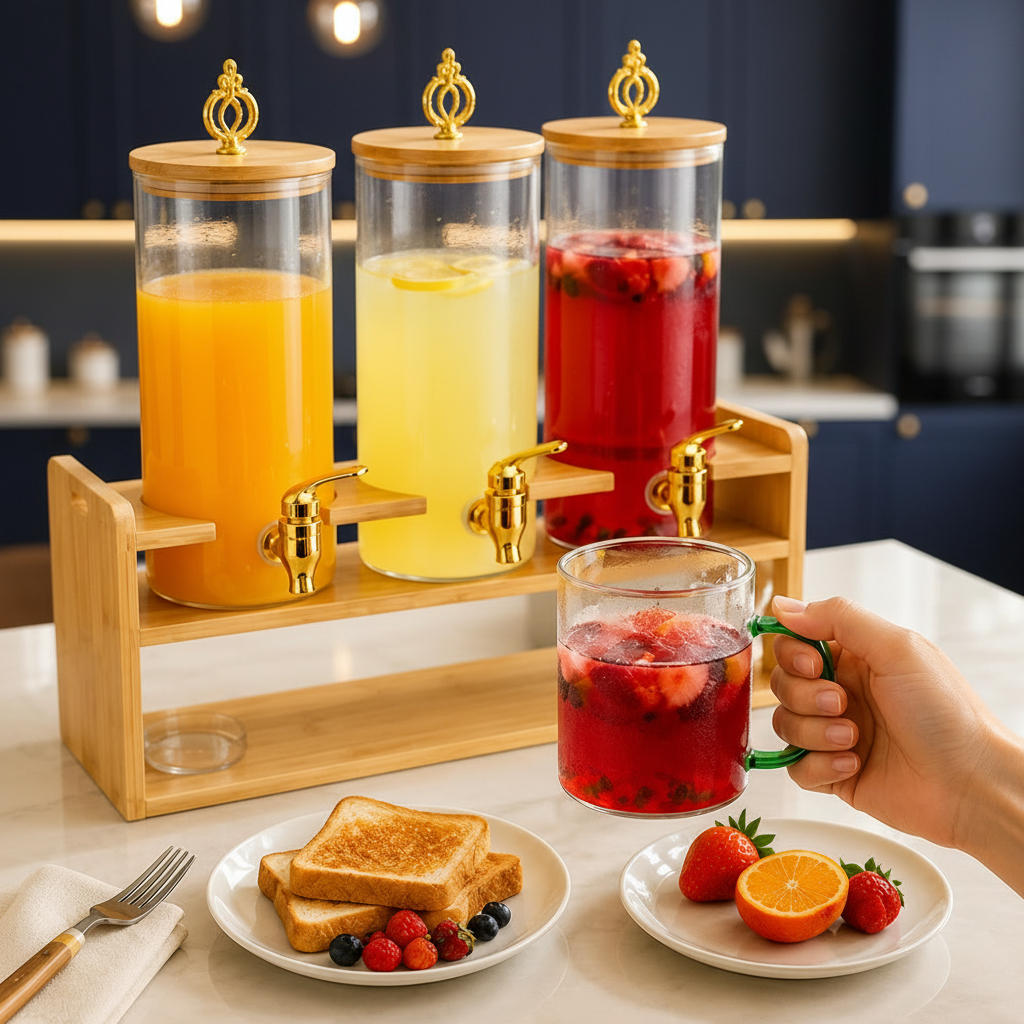 Triple Glass Beverage Dispenser   With Bamboo Stand & 6Pcs Glasses Set