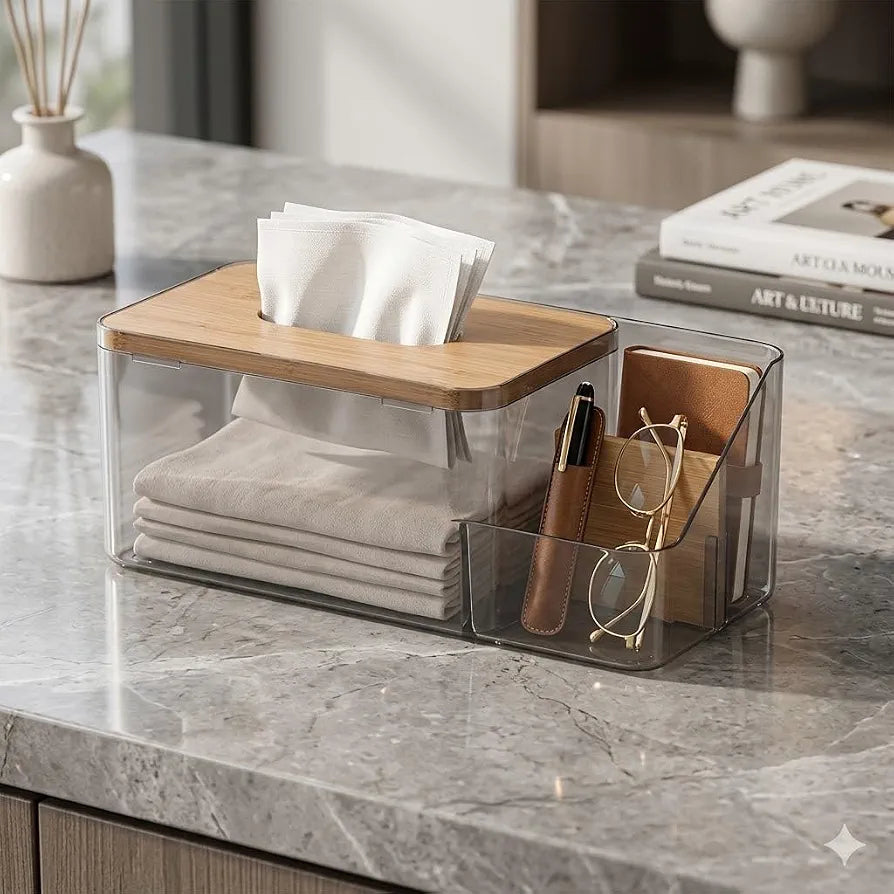 Acrylic Tissue Box Bamboo Lid With Remote Holder
