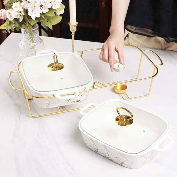 Twin Ceramic Chafing Dish Buffett Set With Gold-tone Frame And Marble finish
