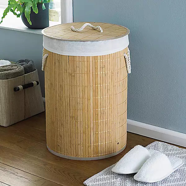Round Foldable Natural Bamboo Laundry Basket With Lid