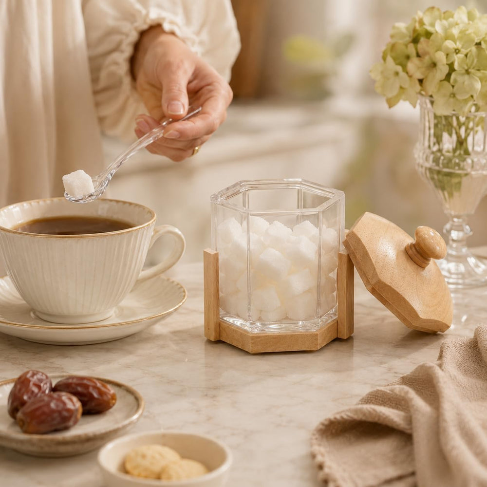 Acrylic Hexagon Jar with Wooden Base Sugar Pot With Lid & Spoon