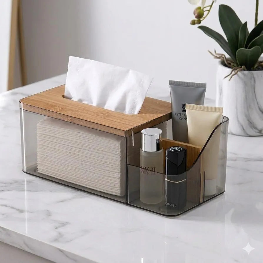 Acrylic Tissue Box Bamboo Lid With Remote Holder