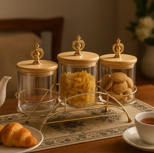 Majestic 3-Piece Glass Jar Set with Golden Metal Stand