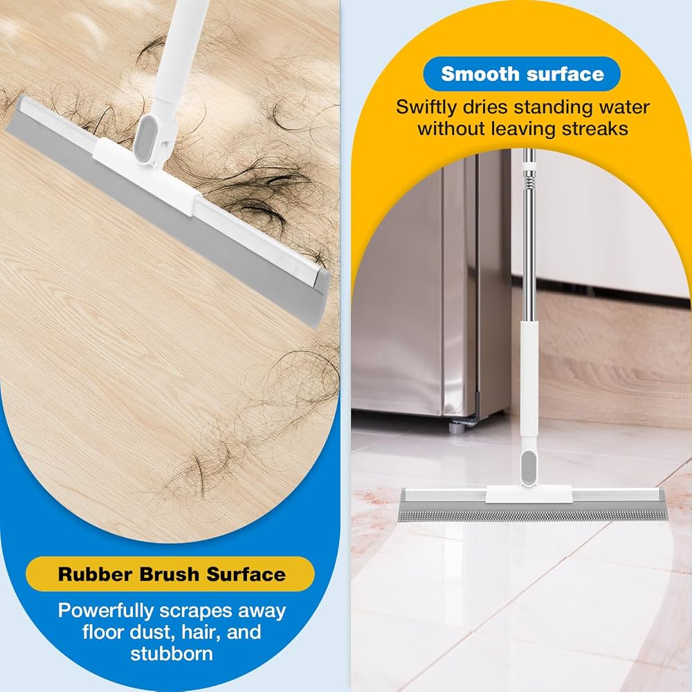 2-In-1 Adjustable Floor Squeegee & Rubber Broom with 180° Pivoting Head