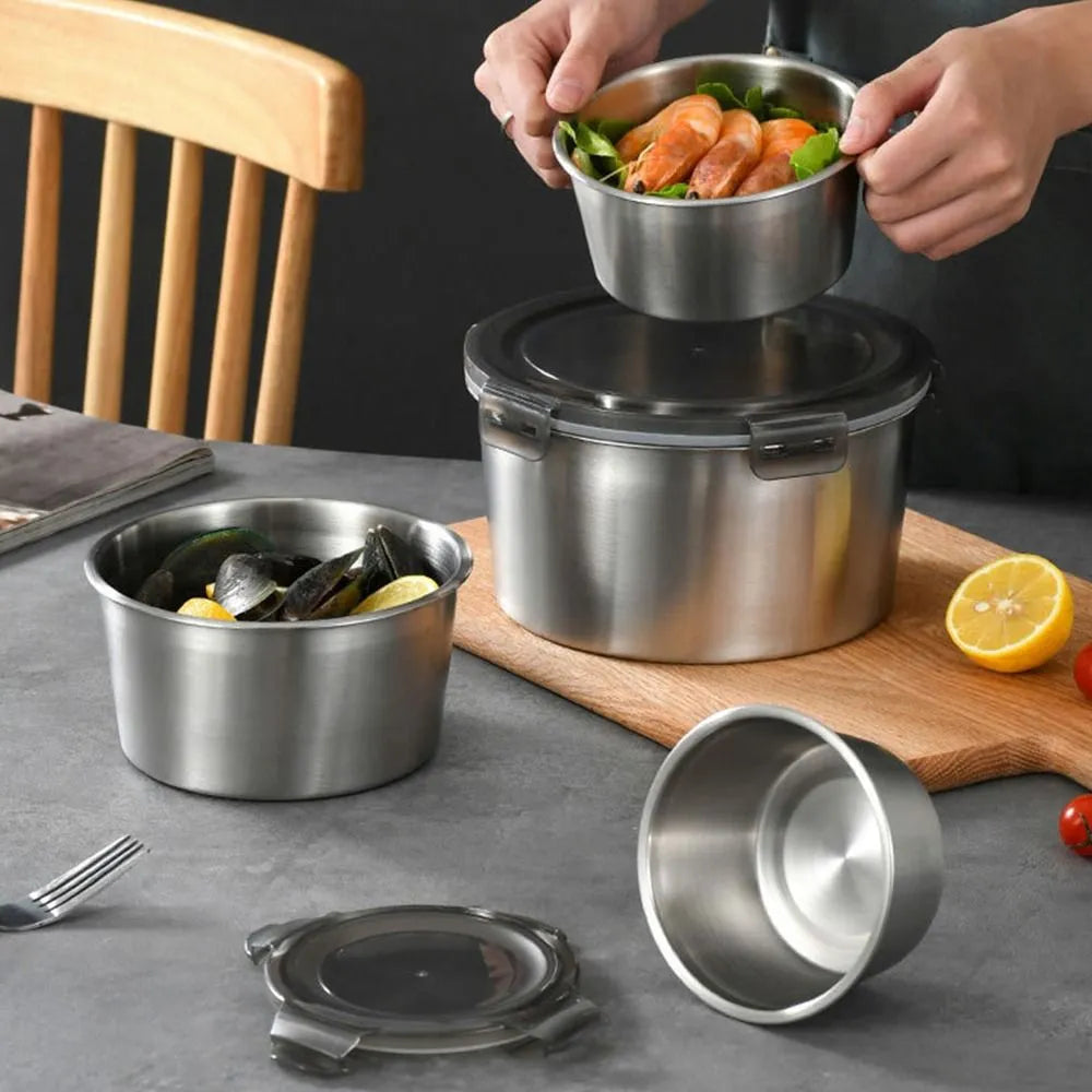 4Pcs Stainless Steel Storage Food Containers Round Box Set With Look