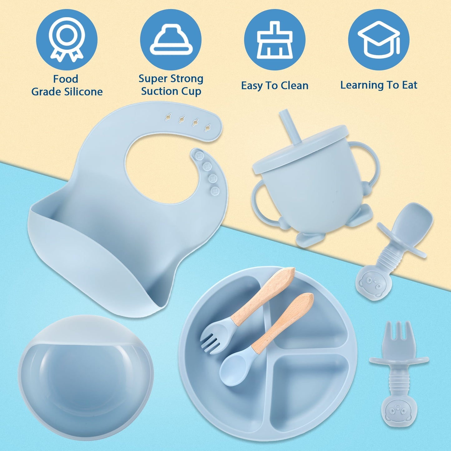 Silicone 8In1 Baby Tableware Feeding Set