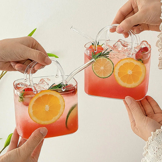Modern Portable Glass Sipper Bag Mug With Straw