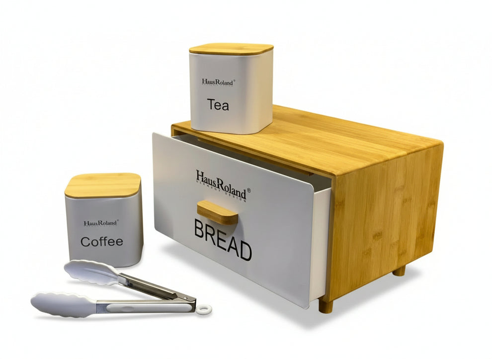 Luxury Matte Black Bread & Canister Set - Tea and Coffee Storage with Bamboo Lids