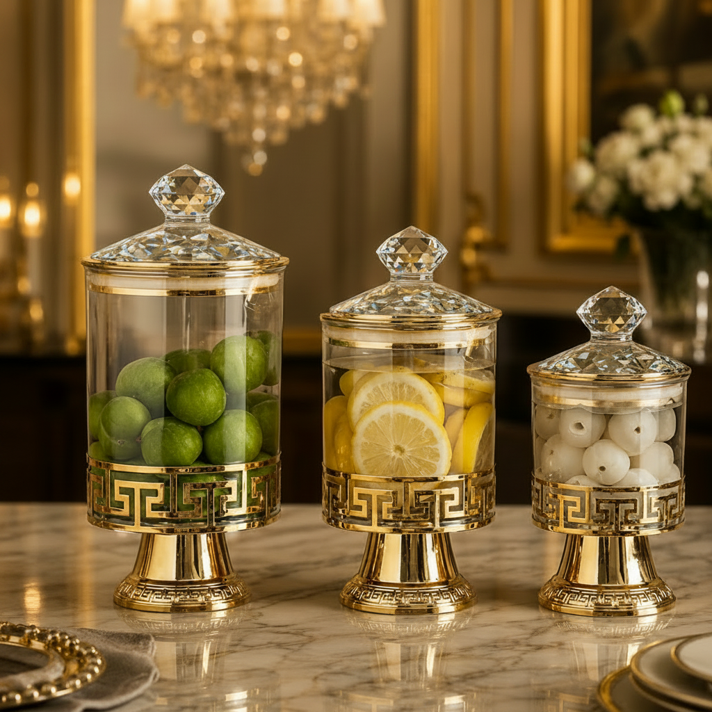 Premium Acrylic 3- Pieces Storage Jars Set With Golden Stand