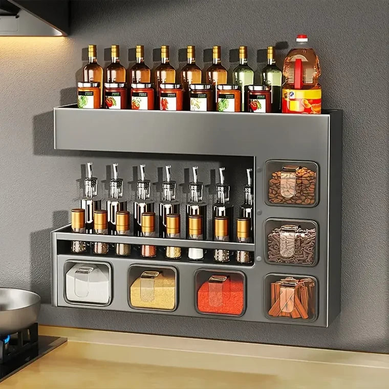 Luxurious Wall Mounted Metal Spice Rack With 6 Seasoning Box